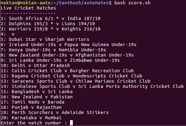 Get a Live Cricket Score From Shell script