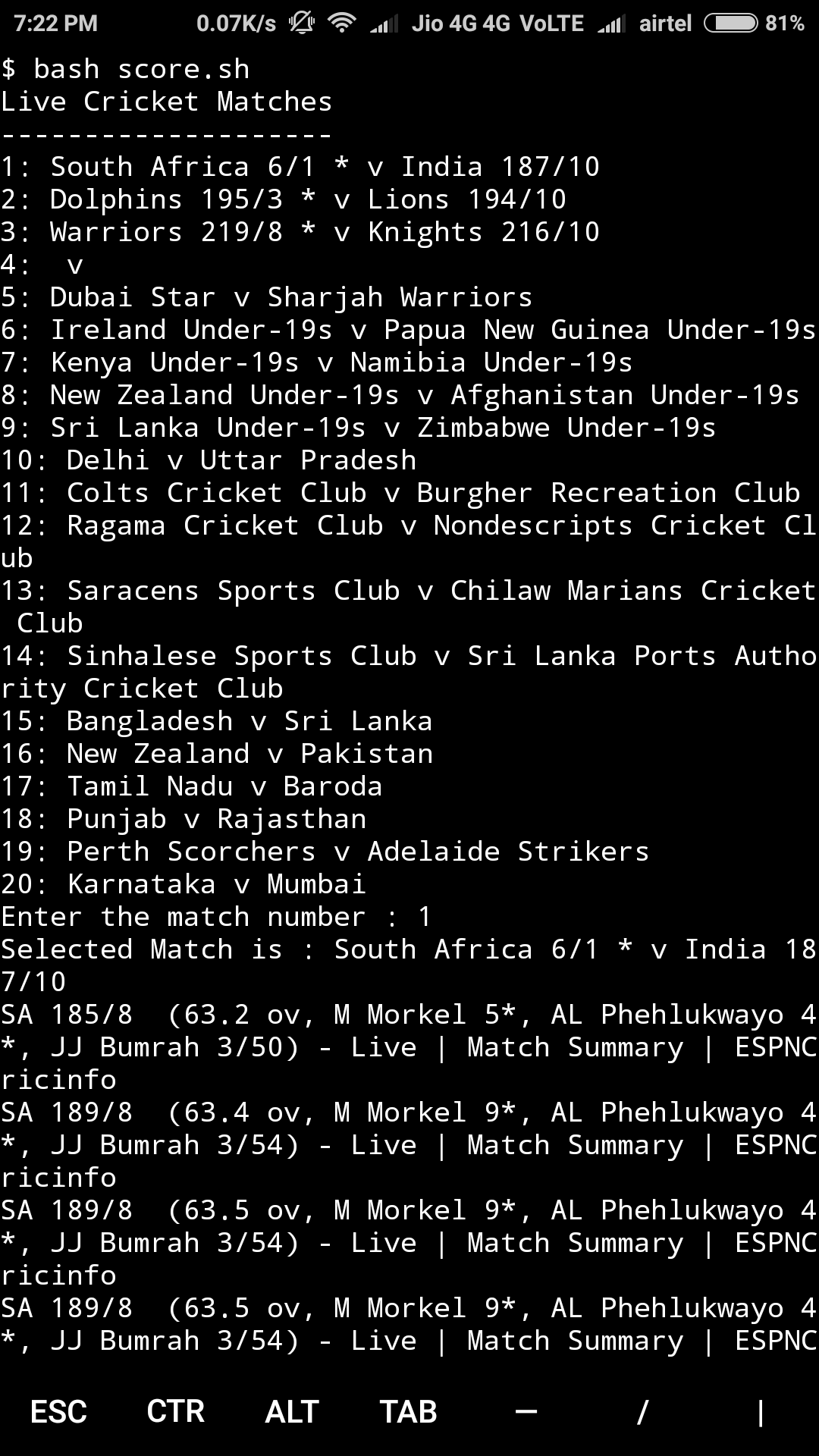 Live Cricket Score From Shell script